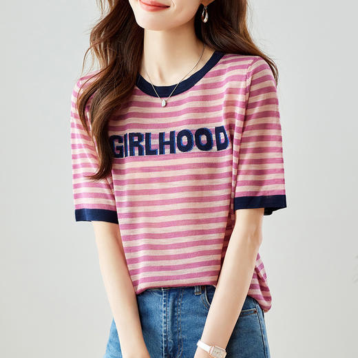 雀说撞色条纹短袖T恤女新款字母印花圆领减龄少女感上衣AL45062 商品图1