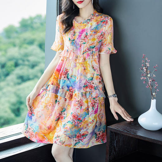 丁摩 雨后彩虹夏装新款真丝连衣裙小个子宽松遮肉显瘦桑蚕丝A字裙5ZF-69358 商品图2