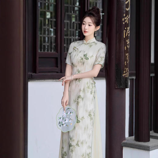 2025春夏装新款缎面印花蝴蝶开衩国风改良修身长款旗袍GJS9379 商品图2