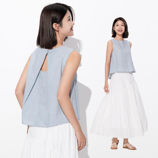马恩夏季新款女装棉麻无袖背心外穿日系亚麻上衣衬衫款1P2221408 商品图3