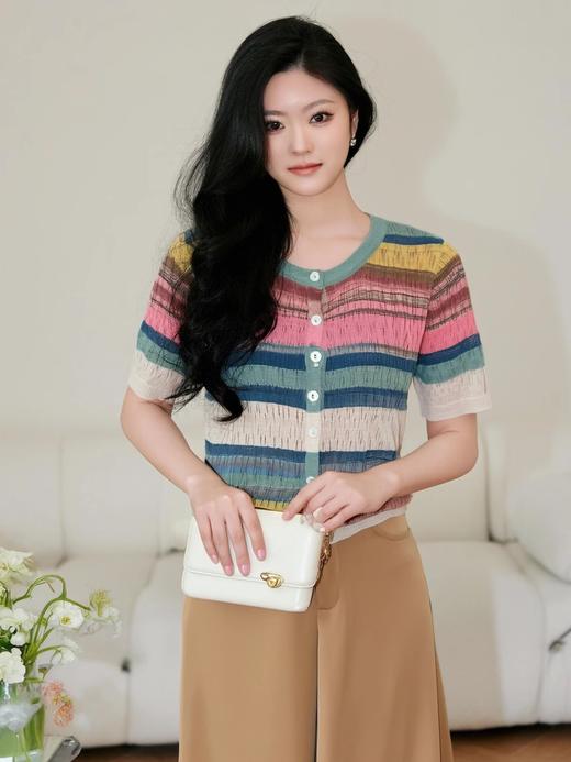奢姿大码女装2025夏季减龄彩虹条纹针织衫胖妹妹圆领时尚百搭上衣9652690353 商品图2