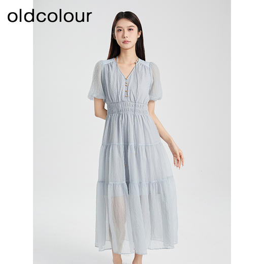 oldcolour夏季新款纯色小清新气质高腰短袖蛋糕连衣裙女Q251005A1 商品图1