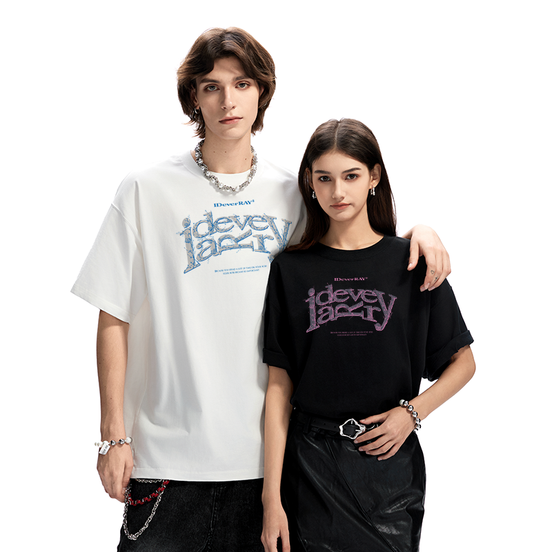 IDEVERRAY夏季2025新款轻奢高级纯棉短袖t恤男女士宽松圆领情侣装上衣21MSL-ID25SSFAT007