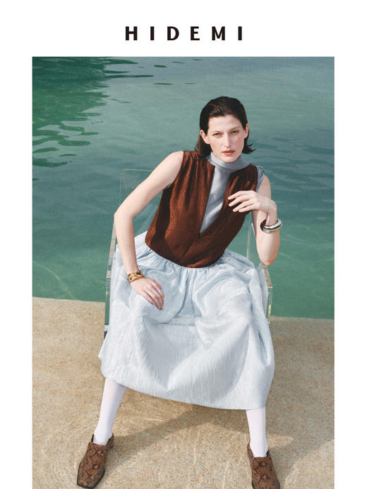 HIDEMI极简设计感圆领艺术波纹缎面拼接撞色灯笼式立体剪裁连衣裙 商品图4