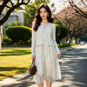 奢姿大码女装2025夏季减龄蝴蝶结针织碎花两件套胖妹妹时尚9952935028