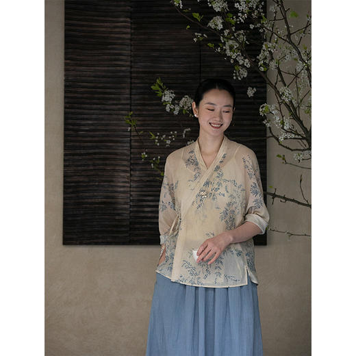 牧衣游原创 机绣印花丝棉短外套斜襟系带复古新中式开衫 茗茶香 商品图1