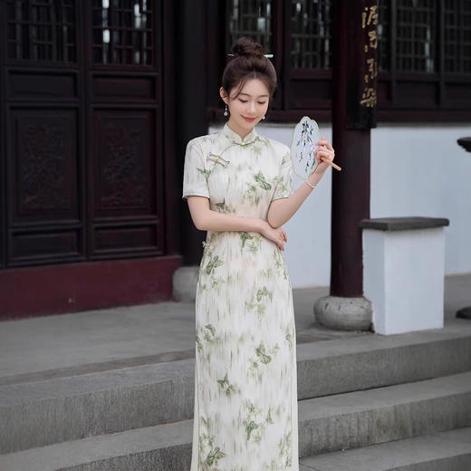 2025春夏装新款缎面印花蝴蝶开衩国风改良修身长款旗袍GJS9379 商品图1