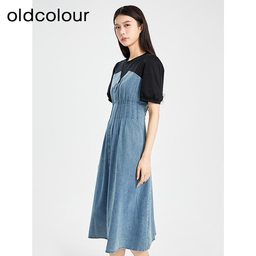 oldcolour夏季新款牛仔拼接设计感气质收腰显瘦连衣裙女Q281012A1 商品图1
