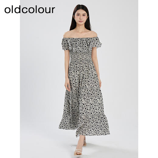 oldcolour夏季新款优雅气质一字领短袖碎花蛋糕连衣裙女Q281009A1 商品图2