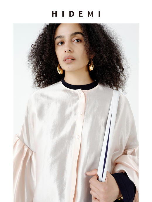 HIDEMI 极简设计感泡泡袖定染柔雾粉桑蚕丝混纺再生纤维廓形感套装 衬衫/半裙 商品图12