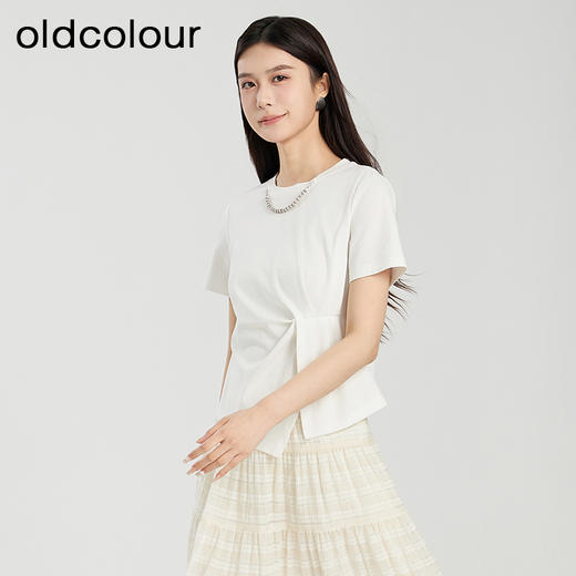 oldcolour夏季新款白色简约设计感褶皱百搭短袖T恤女Q280202A1 商品图2