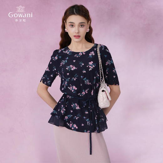 乔万尼夏季新款桑蚕丝真丝上衣小碎花收腰减龄衬衫EI2C840 商品图2