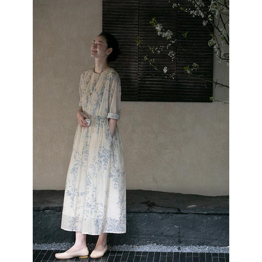 牧衣游原创 印花丝棉连衣裙新品显瘦轻薄浪漫气质文艺长裙 幽篁碧 商品图2