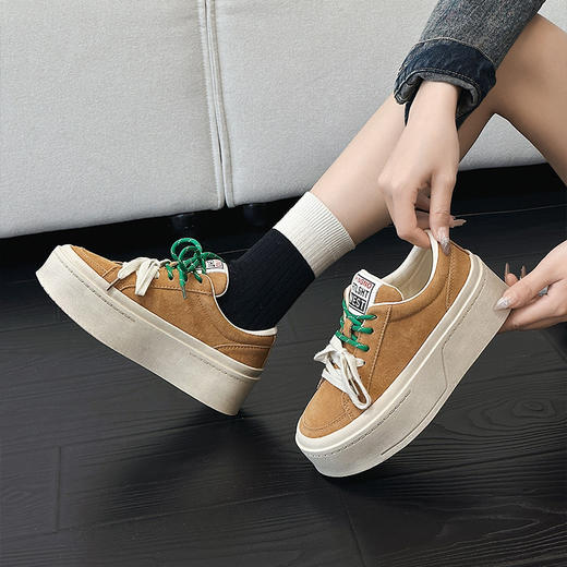 丁摩 欧洲站厚底板鞋春季新款双色系带面包鞋真皮小个子增高休闲鞋5ZF-3311 商品图6