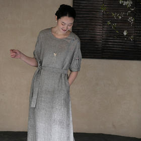 牧衣游原创 手工刺绣炒色汉麻连衣裙轻薄原生质朴感文艺长裙 山雨