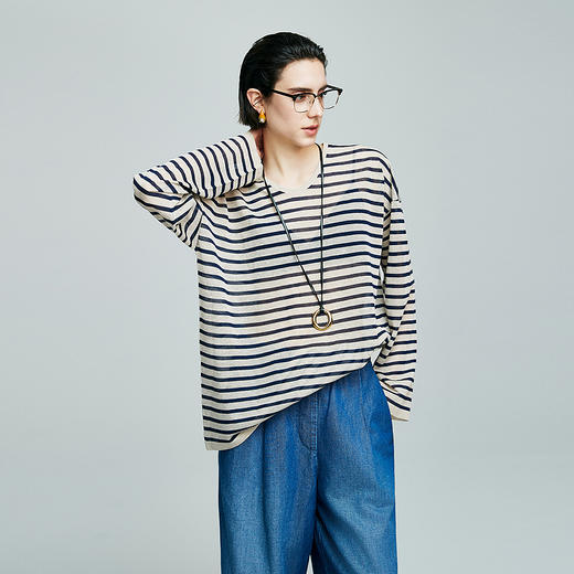 棉仓363635009-初棉麻混纺条纹透视编织圆领宽松版罩衫 商品图0