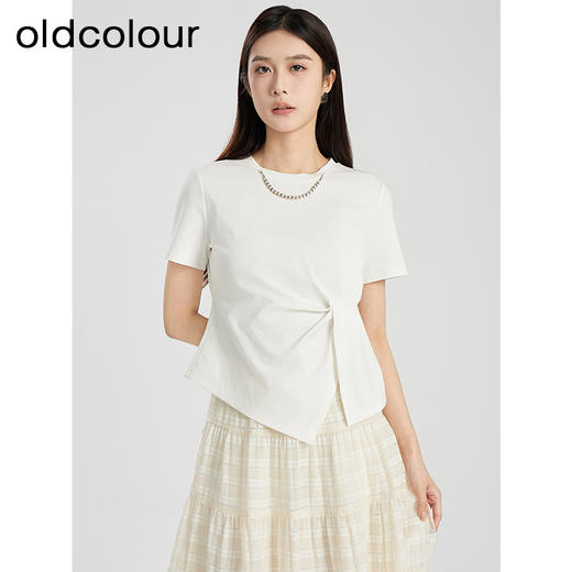 oldcolour夏季新款白色简约设计感褶皱百搭短袖T恤女Q280202A1 商品图0