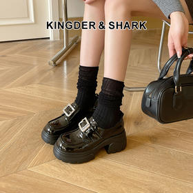 经典鲨2025新款气质黑色百搭圆头中粗跟一脚蹬乐福鞋单鞋女KW323-517021