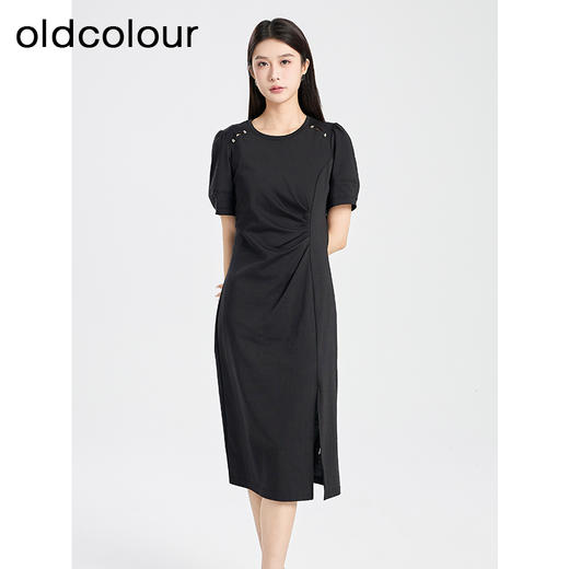 oldcolour夏季新款黑色简约优雅气质高腰开叉短袖连衣裙Q281006A1 商品图0