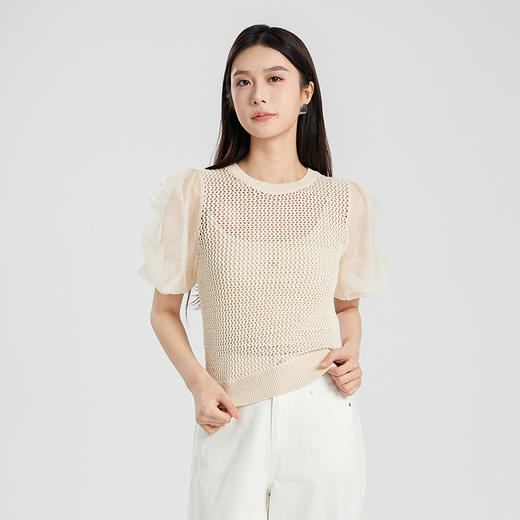 oldcolour夏季新款设计感泡泡袖镂空网状短款套头上衣女Q230507A1 商品图4