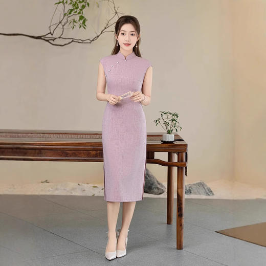 2025新款夏季复古国风气质修身显瘦纯色日常中长款旗袍GSJ9398 商品图3