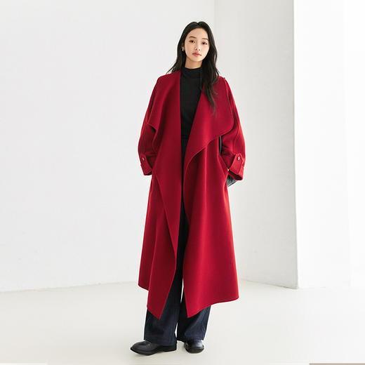 IC 秋冬红色轻奢大翻领长款双面呢大衣女新款高级感毛呢外套 商品图1