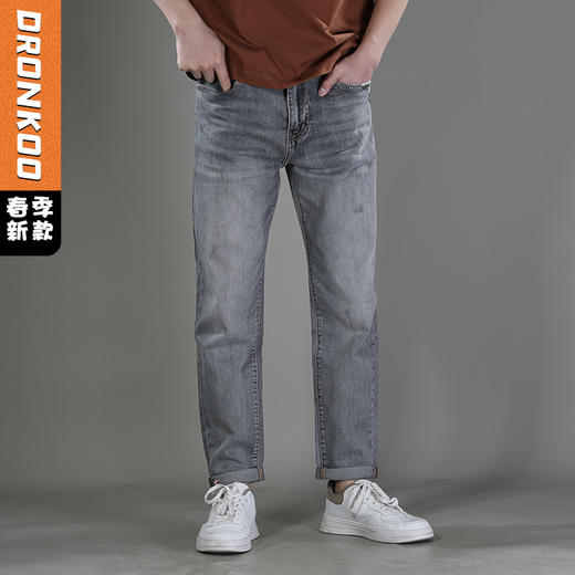 DRONKOO 2025 正常腰前左袋不规则贴布横绣线微吊磨中厚牛仔长裤 商品图0