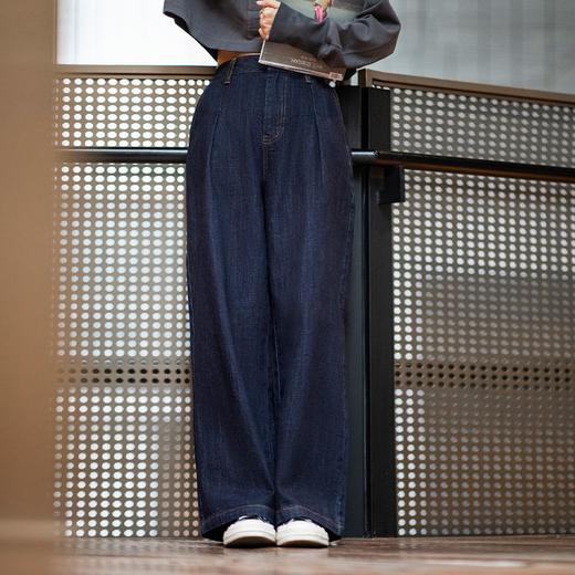 马登女装美式复古水洗蓝牛仔阔腿裤日系直筒休闲裤高腰显瘦瀑布裤 商品图3