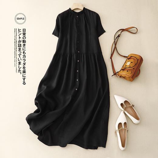 雀说新款木耳领大摆裙可前后两穿开衫长裙风棉麻短袖连衣裙AL0123 商品图2