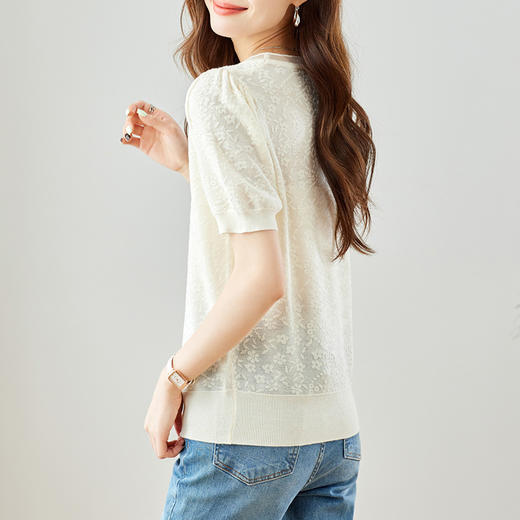 雀说提花针织衫新款短袖气通勤休闲圆领冰丝薄款透气AL45054 商品图3