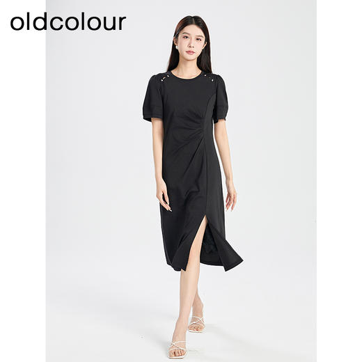 oldcolour夏季新款黑色简约优雅气质高腰开叉短袖连衣裙Q281006A1 商品图2