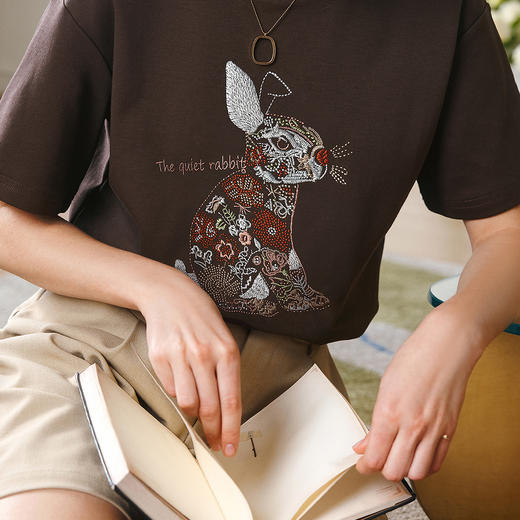 OLrain欧芮儿2025夏季新款重工刺绣咖色休闲宽松T恤气质圆领上衣 商品图3