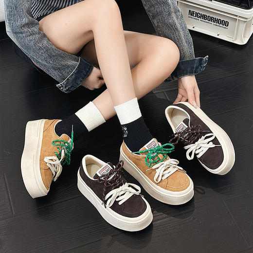 丁摩 欧洲站厚底板鞋春季新款双色系带面包鞋真皮小个子增高休闲鞋5ZF-3311 商品图0