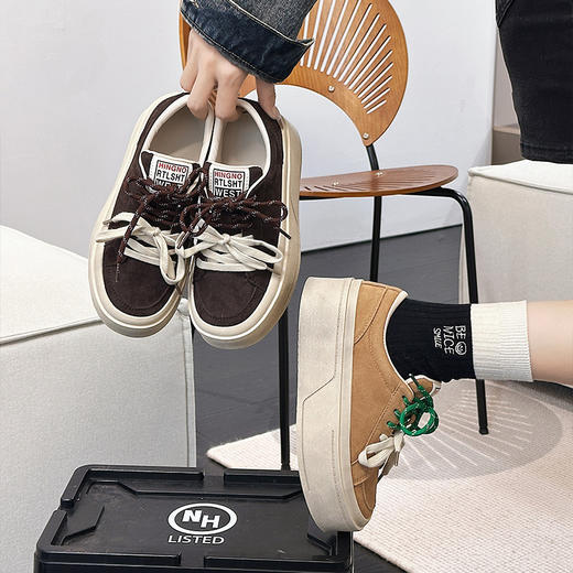 丁摩 欧洲站厚底板鞋春季新款双色系带面包鞋真皮小个子增高休闲鞋5ZF-3311 商品图1