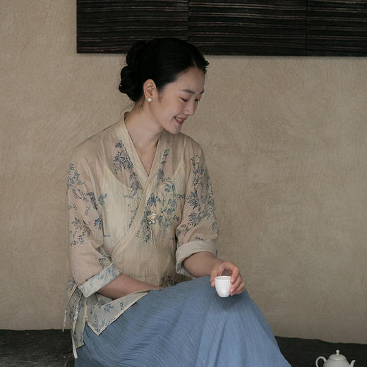 牧衣游原创 机绣印花丝棉短外套斜襟系带复古新中式开衫 茗茶香 商品图0