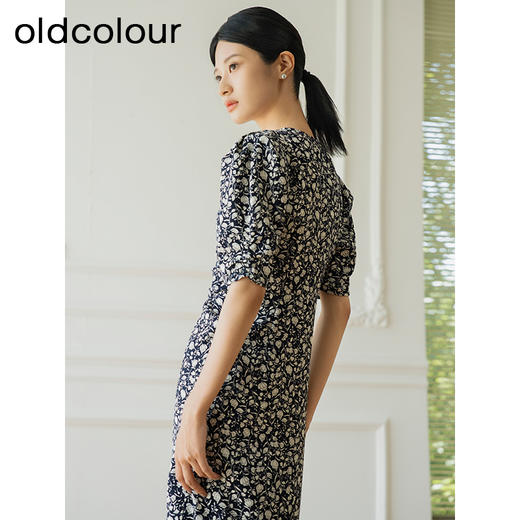 oldcolour夏季新款优雅气质高腰V领短袖碎花连衣裙女Q281018A1 商品图4