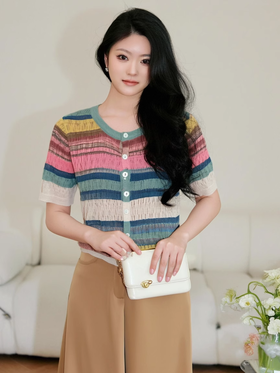 奢姿大码女装2025夏季减龄彩虹条纹针织衫胖妹妹圆领时尚百搭上衣9652690353