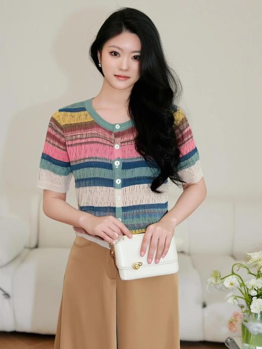 奢姿大码女装2025夏季减龄彩虹条纹针织衫胖妹妹圆领时尚百搭上衣9652690353 商品图0