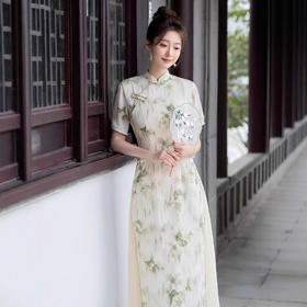 2025春夏装新款缎面印花蝴蝶开衩国风改良修身长款旗袍GJS9379