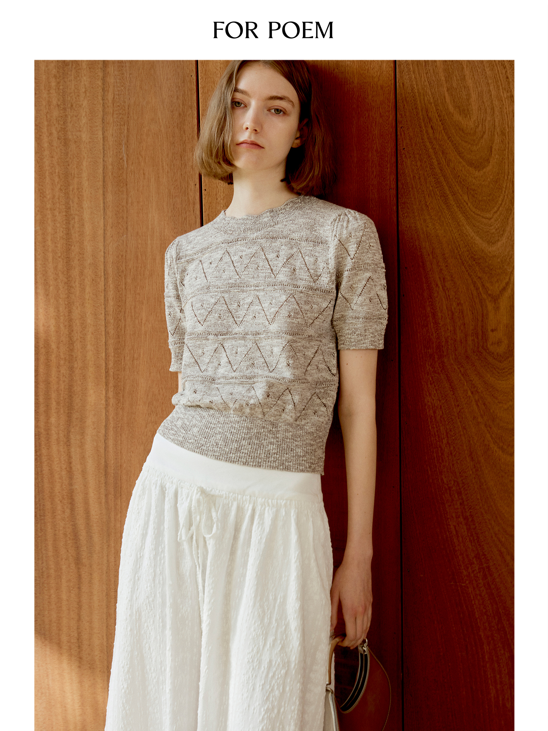 ForPoem 现货 25/SS原创设计泡泡袖提花系带短袖针织衫