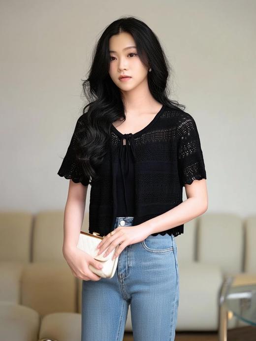 奢姿大码女装2025夏季减龄镂空V领时尚针织衫胖妹妹简约百搭上衣9652693806 商品图0