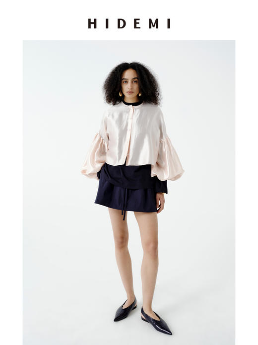 HIDEMI 极简设计感泡泡袖定染柔雾粉桑蚕丝混纺再生纤维廓形感套装 衬衫/半裙 商品图9