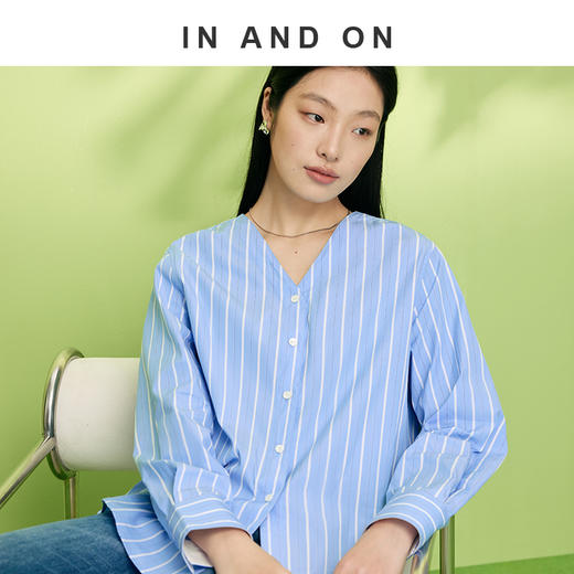 55169 IN AND ON  蓝调 100%棉一衣多穿可脱卸领条纹衬衫 商品图1