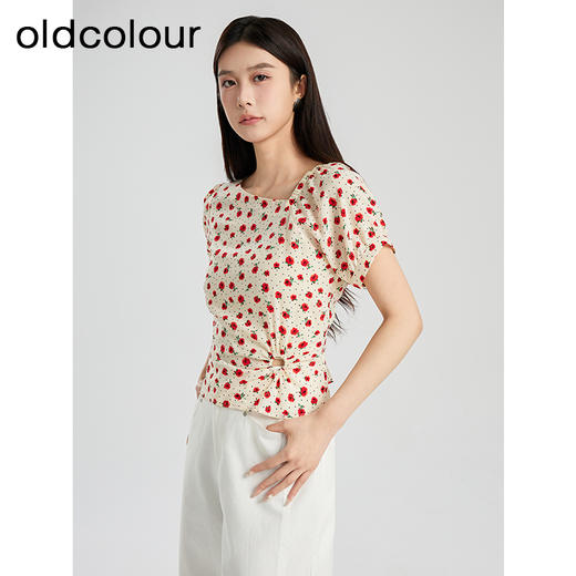 oldcolour夏季新款设计感气质收腰短袖套头碎花衬衫女Q280106A1 商品图1