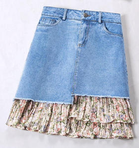 碎花荷叶边拼接牛仔A字裙短款MYX-HWM-A35-L