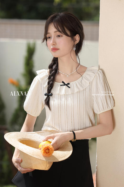 鹿向南「雾月手札」法式荷叶边拼接t恤女夏季新款设计感短袖上衣 商品图5