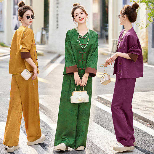 雀说 新中式两件套裤春季新款女装国风盘扣提花复古时尚套装5ZF-2512 商品图3