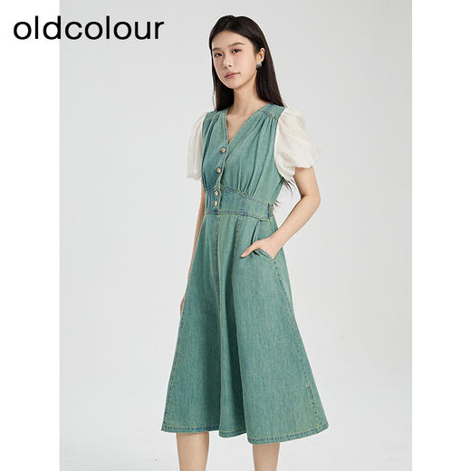 oldcolour夏季新款复古气质拼接V领中长款牛仔连衣裙女Q281023A1 商品图1