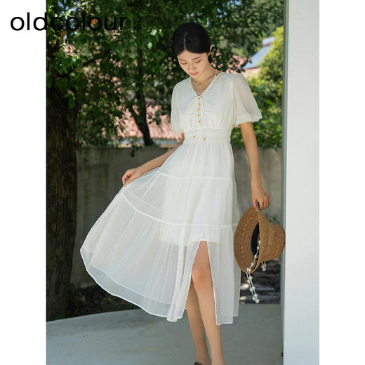 oldcolour夏季新款纯色小清新气质高腰短袖蛋糕连衣裙女Q251005A1 商品图4