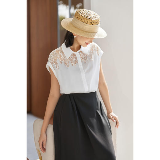 剩S/M/L/XL 米思阳2025夏季新款简约气质亚麻衬衣无袖直筒蕾丝拼接百搭衬衫上衣女1729 商品图4